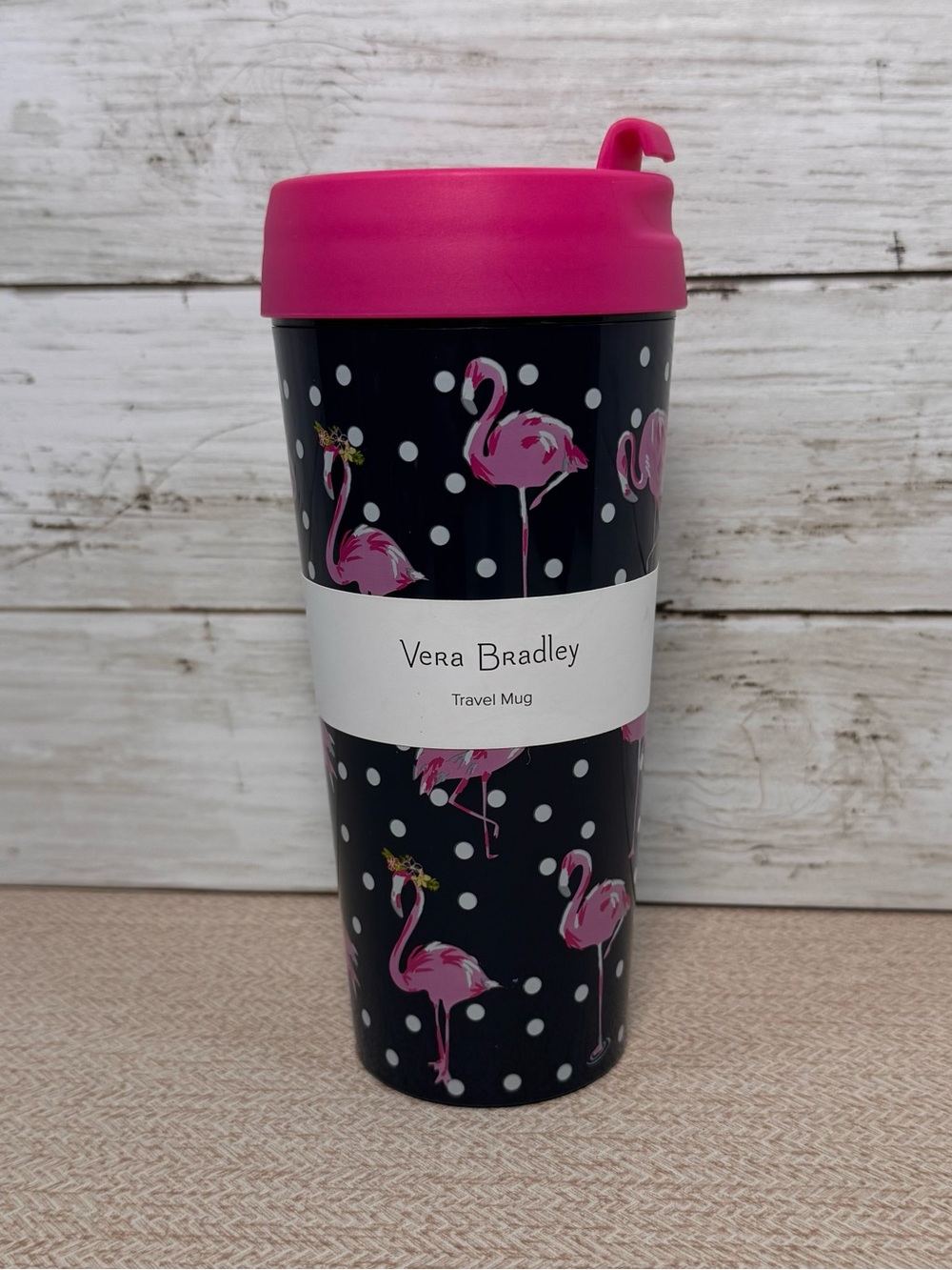 Vera Bradley Pink Flamingo Travel Mug with Black Polka Dot Background